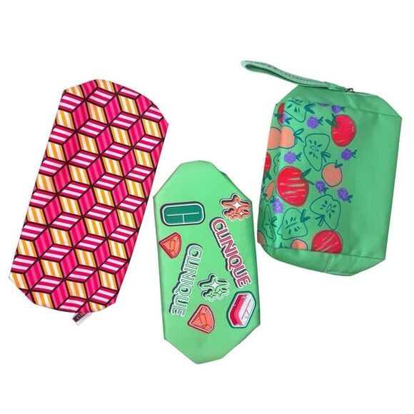 Set of (3) Clinique Makeup Bags – Bright Prints & Zip Closure Travel Cosmetic Po - Picture 1 of 7